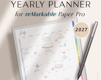 Yearly Planner 2027 for reMarkable Paper Pro / Digital Planner for reMarkable 1, 2, and Paper Pro / reMarkable Calendar Colorful