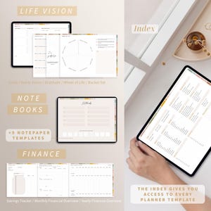 Pode incluir: Planejador digital com v&aacute;rios modelos exibidos em tablets. As se&ccedil;&otilde;es incluem Life Vision, Note Books e Finan&ccedil;as, com modelos para metas, gratid&atilde;o e vis&otilde;es gerais financeiras. O &iacute;ndice fornece acesso a cada modelo de planejador.