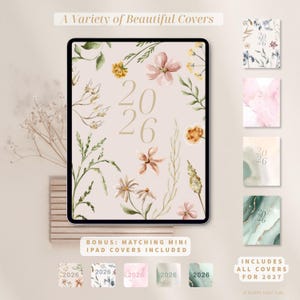 May include: An iPad with a floral design and the numbers "2026" in the center. The image includes the text "A Variety of Beautiful Covers", "Bonus: Matching Mini iPad Covers Included", and "Includes All Covers for 2027".