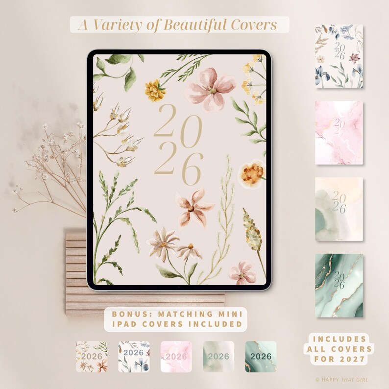 May include: An iPad with a floral design and the numbers "2026" in the center. The image includes the text "A Variety of Beautiful Covers", "Bonus: Matching Mini iPad Covers Included", and "Includes All Covers for 2027".
