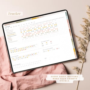 Pode incluir: Um rastreador de h&aacute;bitos digital exibido em um tablet. A tela mostra uma grade com pontos coloridos para rastrear h&aacute;bitos, humor e sono. O texto na tela inclui "Tracker" e "Every habit matters. Make your growth visible."