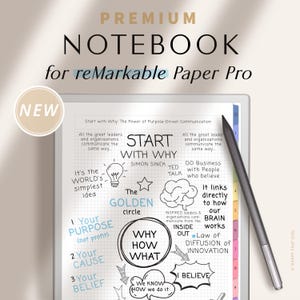 May include: A premium notebook for reMarkable Paper Pro. The image shows a digital notebook with a stylus. The notebook's screen displays a diagram about "Start with Why" by Simon Sinek, with the text "The Golden Circle". The word "NEW" is in a circle.