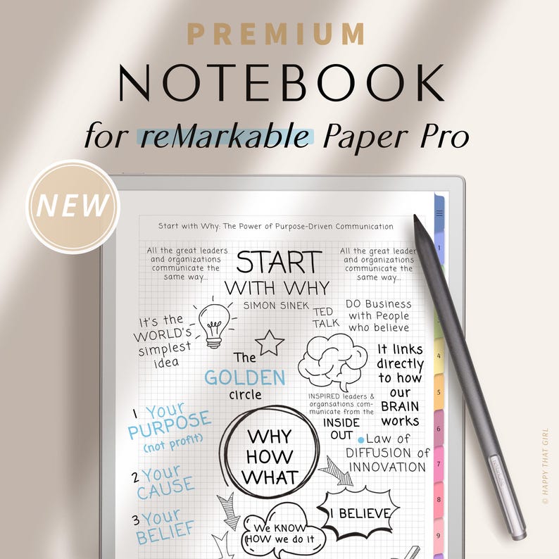 May include: A premium notebook for reMarkable Paper Pro. The image shows a digital notebook with a stylus. The notebook's screen displays a diagram about "Start with Why" by Simon Sinek, with the text "The Golden Circle". The word "NEW" is in a circle.