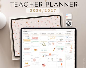 Puede incluir: Un planificador digital para profesores para 2026/2027 en beige, con vista de calendario en una tableta. El planificador incluye planificación de lecciones, una aplicación de recordatorio y funciones de chat GPT. El diseño presenta una paleta de colores neutros.