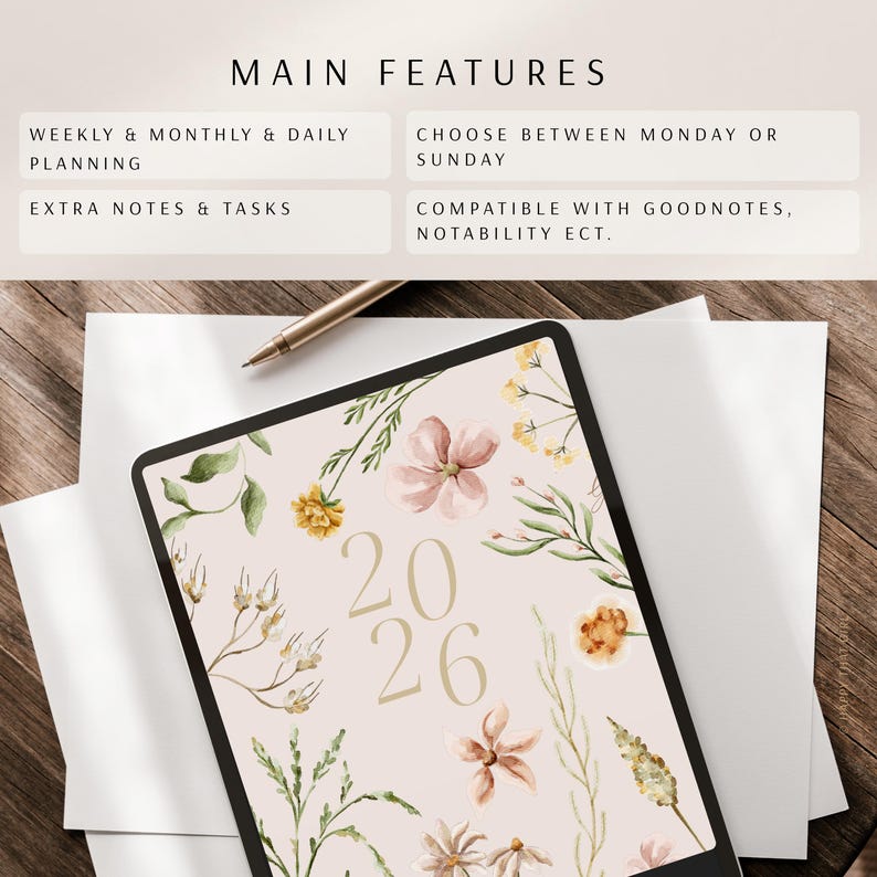 May include: Digital planner for 2026 with floral design. Features include weekly, monthly, and daily planning, extra notes, and tasks. Compatible with Goodnotes, Notability, etc. The planner has a light pink background with flowers and the numbers 2026.