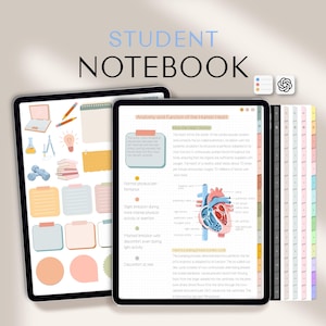 May include: A digital student notebook displayed on a tablet. The notebook features colorful tabs and pages with diagrams of the human heart and other study aids. The text "STUDENT NOTEBOOK" is at the top.