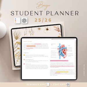 以下が含まれることがあります： 「STUDENT PLANNER」と「25/26」の文字が上部にある学生用プランナー。ベージュ色の表紙に花の模様があり、心不全に関するメモが表示されたデジタルタブレットがあります。「REMINDER APP」と「CHAT GPT」の文字が下部にあります。
