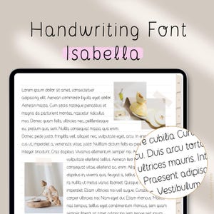 May include: A digital tablet displays the words "Handwriting Font Isabella" in a handwritten style. The screen shows a document with text and images of food. A circular magnifying glass shows a close-up of the text.