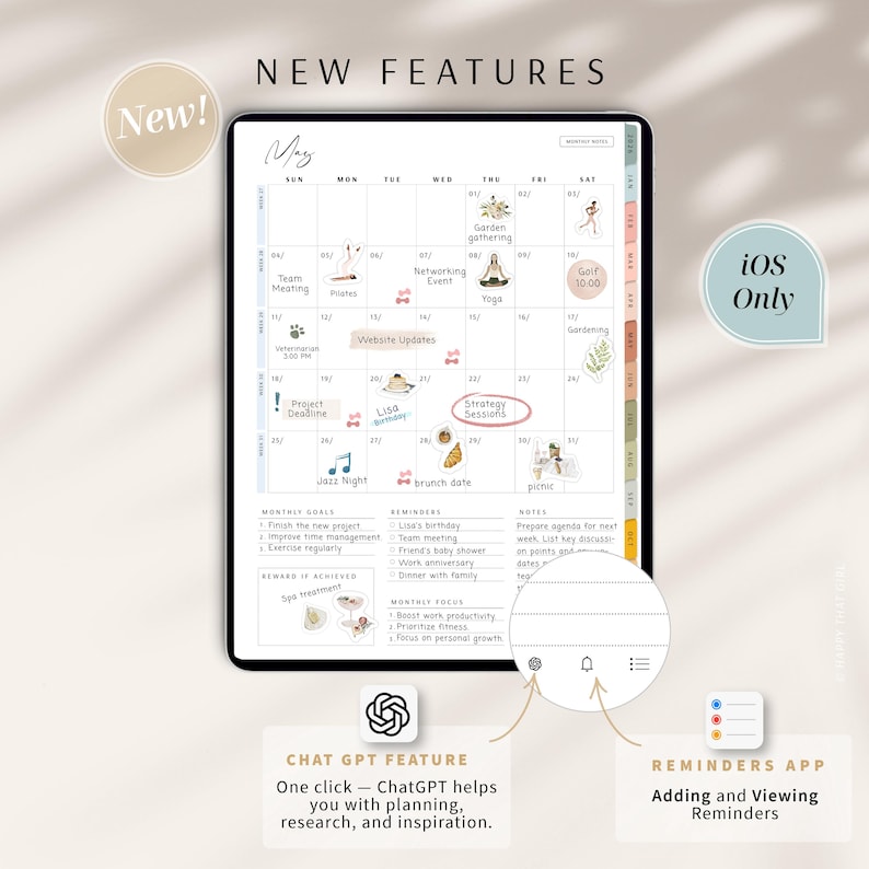 May include: A digital calendar displayed on a tablet, featuring the month of May with various event stickers. The screen shows "New Features" and "iOS Only" labels. Additional features include a "Chat GPT Feature" and a "Reminders App."