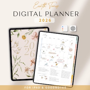 May include: Digital planner for 2026 with a floral design. The cover features the text "Earth Tones" and "Digital Planner 2026." The open planner displays a May calendar with notes and icons. The bottom reads "For iPad & Goodnotes."