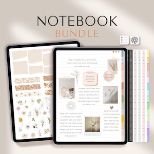 May include: Digital notebook bundle displayed on two tablets. The notebooks feature a variety of digital stickers, journal pages, and tabs. The text "NOTEBOOK BUNDLE" is at the top. The notebook pages have inspirational quotes and floral designs.