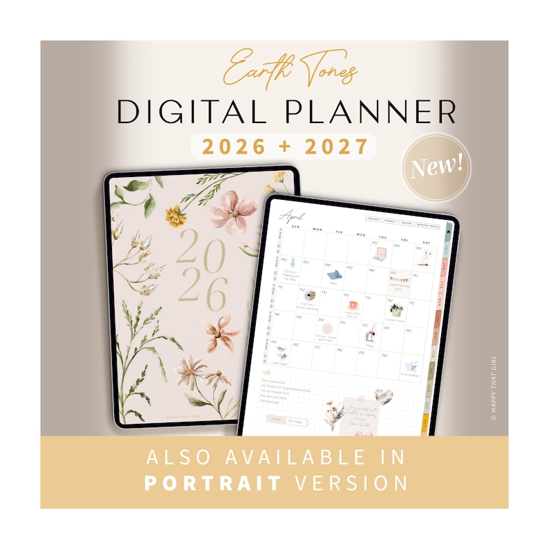 Pode incluir: Planeador digital para 2026 e 2027 em tons terra, com design floral na capa. O planeador tamb&eacute;m est&aacute; dispon&iacute;vel na vers&atilde;o retrato. A palavra "New!" est&aacute; num c&iacute;rculo.