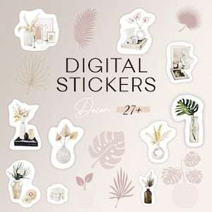 May include: A collection of digital stickers featuring watercolor illustrations of vases with dried flowers, potted plants, and decorative objects. The stickers are in shades of beige, brown, and green, with the text "DIGITAL STICKERS Decor 27+" in the center.