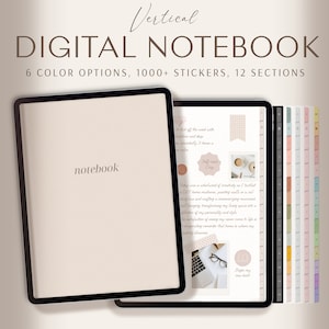 May include: A digital notebook app on a tablet screen with a beige background. The app has a section for notes and a section for stickers. The text "notebook" is visible on the screen. The app also has a section for self-care and a section for a new book. The app has a variety of stickers and colors to choose from.