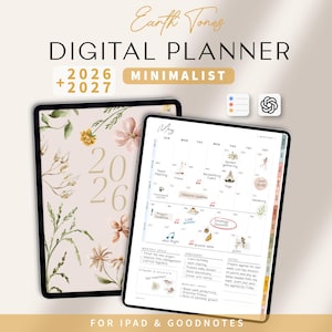 Puede incluir: Planificador digital para 2026 y 2027 con un diseño minimalista. La portada presenta ilustraciones florales en tonos tierra suaves. El planificador abierto muestra un calendario de mayo con horarios diarios y notas. Diseñado para iPad y GoodNotes.