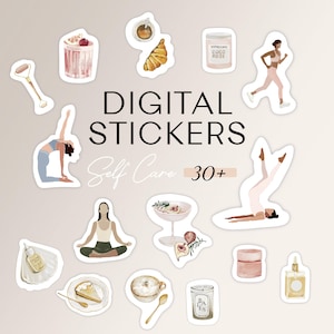 May include: A collection of digital stickers with a self-care theme. The stickers feature illustrations of a woman running, doing yoga, and enjoying food and beauty products. Text on the image reads "DIGITAL STICKERS Self Care 30+".