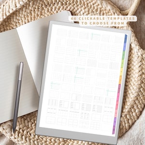 May include: A digital tablet displaying 66 clickable templates, with a multi-colored tabbed index. A silver stylus and a lined notebook are next to the tablet. The text on the tablet reads "66 Clickable Templates to Choose From".
