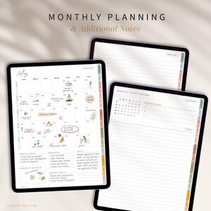 May include: Digital monthly planner with a May calendar, notes, and goals. The planner features a clean design with pastel color accents and the text "MONTHLY PLANNING & Additional Notes". Includes reminders and monthly focus sections.