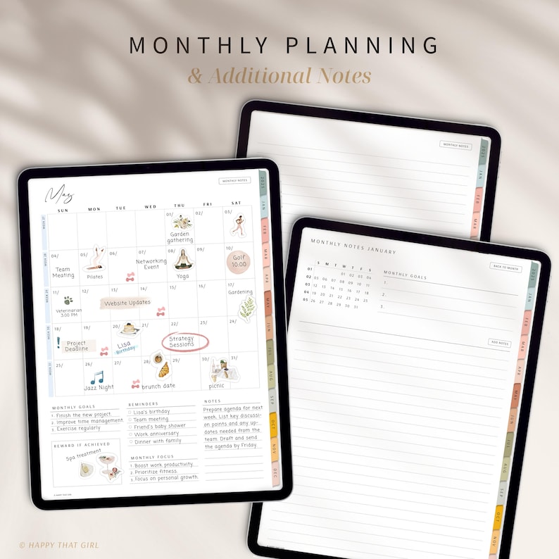 May include: Digital monthly planner with a May calendar, notes, and goals. The planner features a clean design with pastel color accents and the text "MONTHLY PLANNING & Additional Notes". Includes reminders and monthly focus sections.