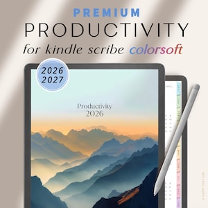 May include: A digital planner for Kindle Scribe Colorsoft featuring a mountain landscape cover with the text Productivity 2026 and a circular 2026 2027 badge. A gray stylus rests on the side of the tablet, which displays a monthly calendar view.