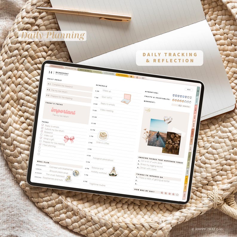 Pode incluir: Um planejador digital exibido em um tablet, com uma programa&ccedil;&atilde;o di&aacute;ria, lista de tarefas e prompts de reflex&atilde;o. O texto inclui "Daily Planning" e "Daily Tracking & Reflection". O tablet est&aacute; em uma superf&iacute;cie tecida, com uma caneta e um caderno ao fundo.
