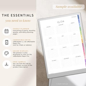 Puede incluir: Planificador anual digital mostrado en una tableta. El planificador presenta un dise&ntilde;o minimalista con dise&ntilde;os mensuales y semanales. El texto en la pantalla incluye "Key Dates" y nombres de meses. Tambi&eacute;n se muestra el texto "The Essentials you need to know".