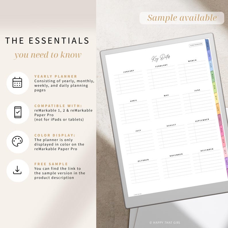 Puede incluir: Planificador anual digital mostrado en una tableta. El planificador presenta un dise&ntilde;o minimalista con dise&ntilde;os mensuales y semanales. El texto en la pantalla incluye "Key Dates" y nombres de meses. Tambi&eacute;n se muestra el texto "The Essentials you need to know".