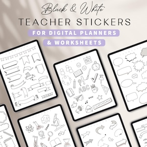 Teacher Sticker Pack: Hand-Drawn Black & White PNG, GoodNotes (Digital Download)