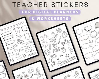 Teacher Stickers for GoodNotes | Hand Drawn Digital Teacher Sticker Bundle | Black & White Classroom Stickers | Printable PNG Stickers