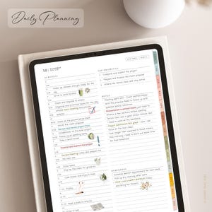 May include: A digital planner with a white cover, open to a daily schedule for May 30th. The planner includes sections for schedule, top priorities, notes, and reminders. The text "Daily Planning" is at the top.