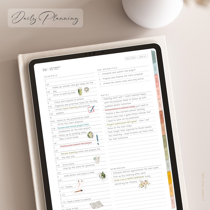 May include: A digital planner with a white cover, open to a daily schedule for May 30th. The planner includes sections for schedule, top priorities, notes, and reminders. The text "Daily Planning" is at the top.
