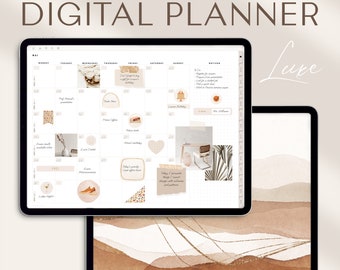 May include: A digital planner app on a tablet screen with a beige and brown background. The planner has a monthly calendar view with various stickers and notes. The text "UNDATED DIGITAL PLANNER" is at the top of the screen. The text "Luxe" is in the top right corner of the screen.