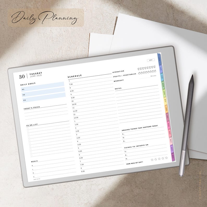 May include: A digital planner displayed on a tablet with a stylus. The planner includes sections for daily goals, schedule, and notes. The tablet has a white border and a colourful tab on the side. The text "Daily Planning" is at the top.