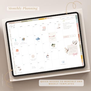 Pode incluir: Um planejador mensal digital exibido em um tablet, com um calend&aacute;rio para abril. O planejador inclui &iacute;cones e texto para compromissos e eventos. O texto "Monthly Planning" est&aacute; no topo. A parte inferior da imagem diz "Quick access to monthly and weekly templates."