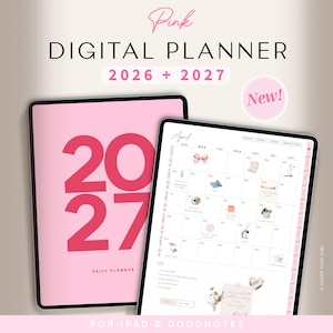 May include: A digital planner for 2026 and 2027 displayed on two tablets. The cover is pink with large red text reading 2027. The second screen shows an April calendar page with various icons, text, and a sidebar for navigation.