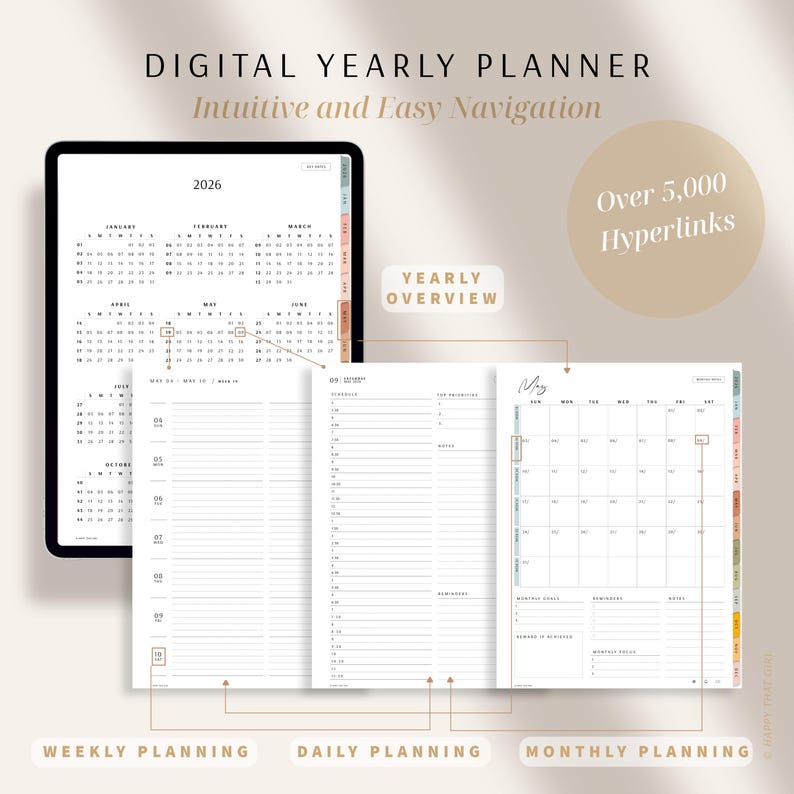 May include: Digital yearly planner with intuitive navigation. The planner includes yearly, weekly, daily, and monthly planning pages. The image shows a tablet displaying the 2026 calendar, with over 5,000 hyperlinks. The planner is designed for easy use.