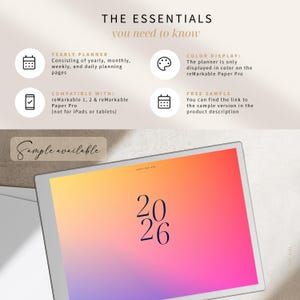 May include: A digital planner displayed on a tablet with a vibrant gradient of orange, pink, and purple. The year "2026" is displayed. Text at the top reads "THE ESSENTIALS you need to know". Additional text describes planner features and compatibility.