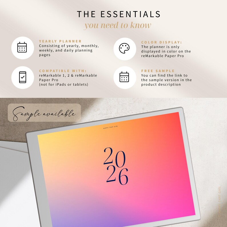 May include: A digital planner displayed on a tablet with a vibrant gradient of orange, pink, and purple. The year "2026" is displayed. Text at the top reads "THE ESSENTIALS you need to know". Additional text describes planner features and compatibility.