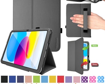 Vegan Leather iPad Case for Apple iPad 9 10.2", iPad 10 10.9" - Slim Folio Cover with Built in Stand and Hand Strap, A Perfect Gift