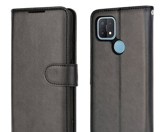 Oppo A15 / A15s Leather Wallet Case with Card Holder, Stand and Wrist Strap - Luxury PU Leather Flip Cover Case