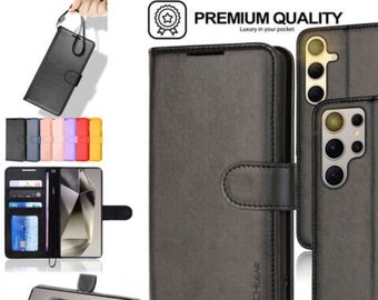 Leather Case Samsung Galaxy S25 S24 S23, S22, S21 / Ultra / Plus / FE - Samsung Wallet Phone Case with Card Holder & Wrist Strap Flip Cover