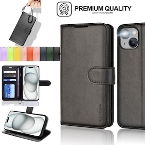 May include: Black leather phone case with a wallet flap, card slots, and a magnetic closure. The case has a stand feature and a strap for carrying. The case has the text "TECHGEAR" printed on the back.
