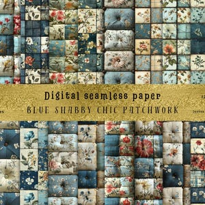 Może przedstawiać: Cyfrowy wzór papieru bez szwów z niebiesko-białym patchworkiem z motywami kwiatowymi. Wzór ma 30,48 cm x 30,48 cm i jest dostępny do natychmiastowego pobrania cyfrowego.