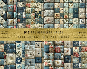 Blue Shabby Chic Patchwork Patterns: Seamless Vintage Designs (Digital Paper)