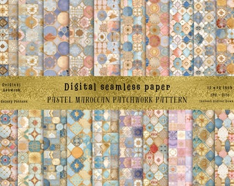 Puede incluir: Un conjunto de 24 patrones de papel digital sin costuras que presentan diseños de patchwork marroquíes pastel en tonos de azul, rosa y dorado. Cada patrón mide 30,48 cm por 30,48 cm y está disponible para descarga instantánea.