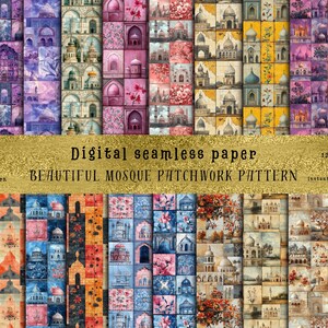 May include: A digital paper pack with 12 seamless patterns featuring a patchwork design of colourful mosques. The patterns are 12x12 inches and are available as JPG files for instant download.