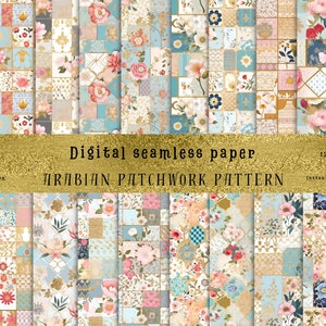 May include: A set of 12 digital seamless paper patterns featuring a patchwork design with floral motifs in shades of pink, blue, and gold. The patterns are 12 inches by 12 inches and are available for instant digital download.