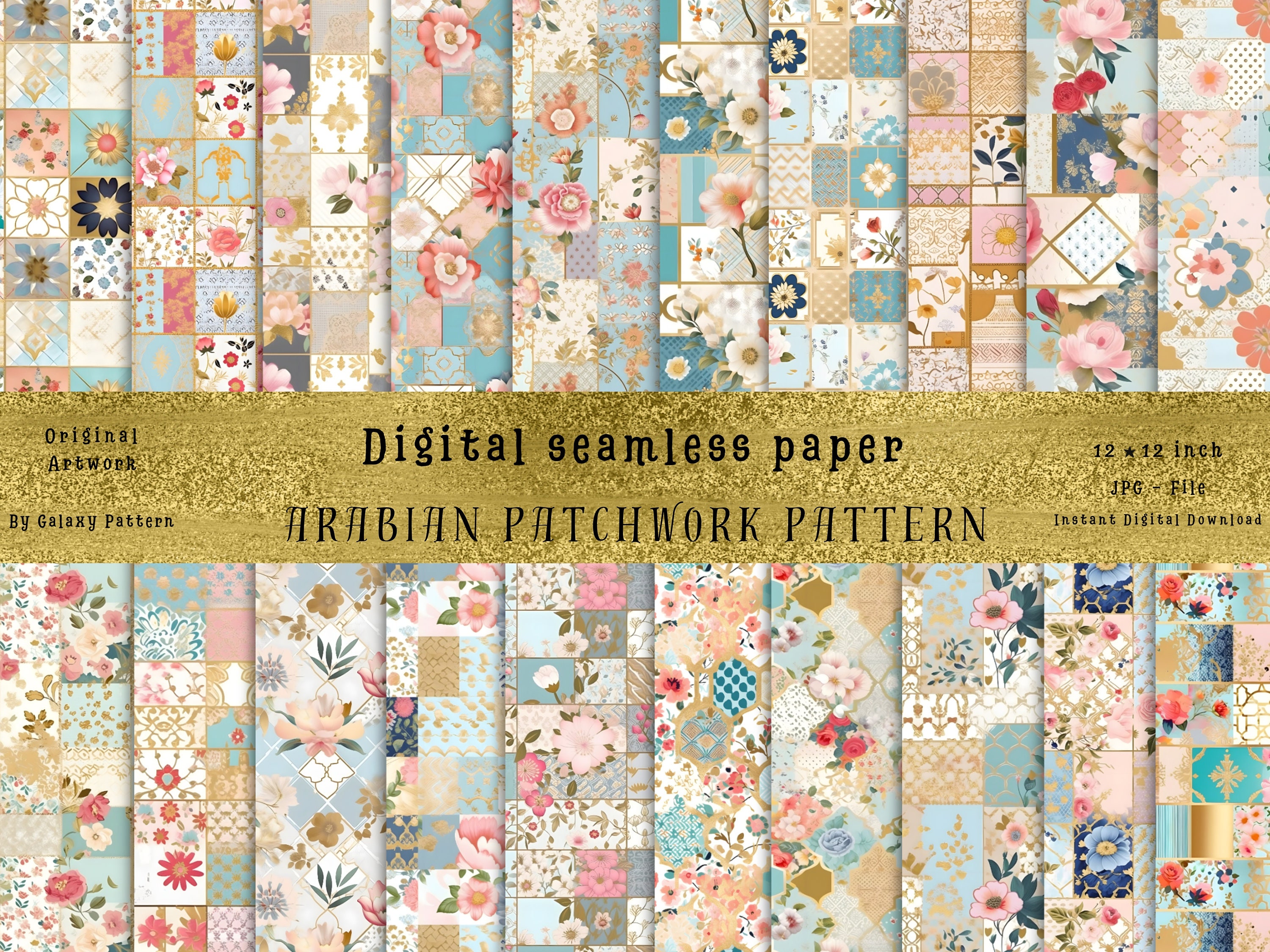 24 Pastel Arabian Patchwork Seamless Patterns - Perfect for Sublimation, Home Decor, and More - High-Quality Digital JPG,  Commercial Use