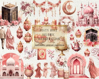 Dusty Rose Islamic Clipart Set: Elegant Illustrations (Digital Download)
