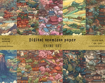 Op de afbeelding: Een digitaal naadloos papierpatroon met anime-kunst met een Japans stadslandschap. Het patroon bevat gebouwen, bomen, bergen en een rivier. De kleuren zijn levendig en kleurrijk, met tinten blauw, groen, roze en rood. Het patroon is 12 inch bij 12 inch en is beschikbaar voor directe digitale download.